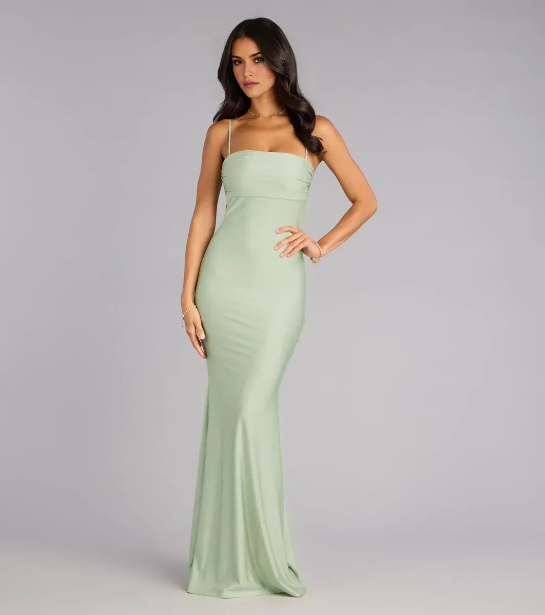 Romantic Mermaid Square Neckline Spaghetti-Straps Bow-Back Draped Floor-Length Prom Dresses