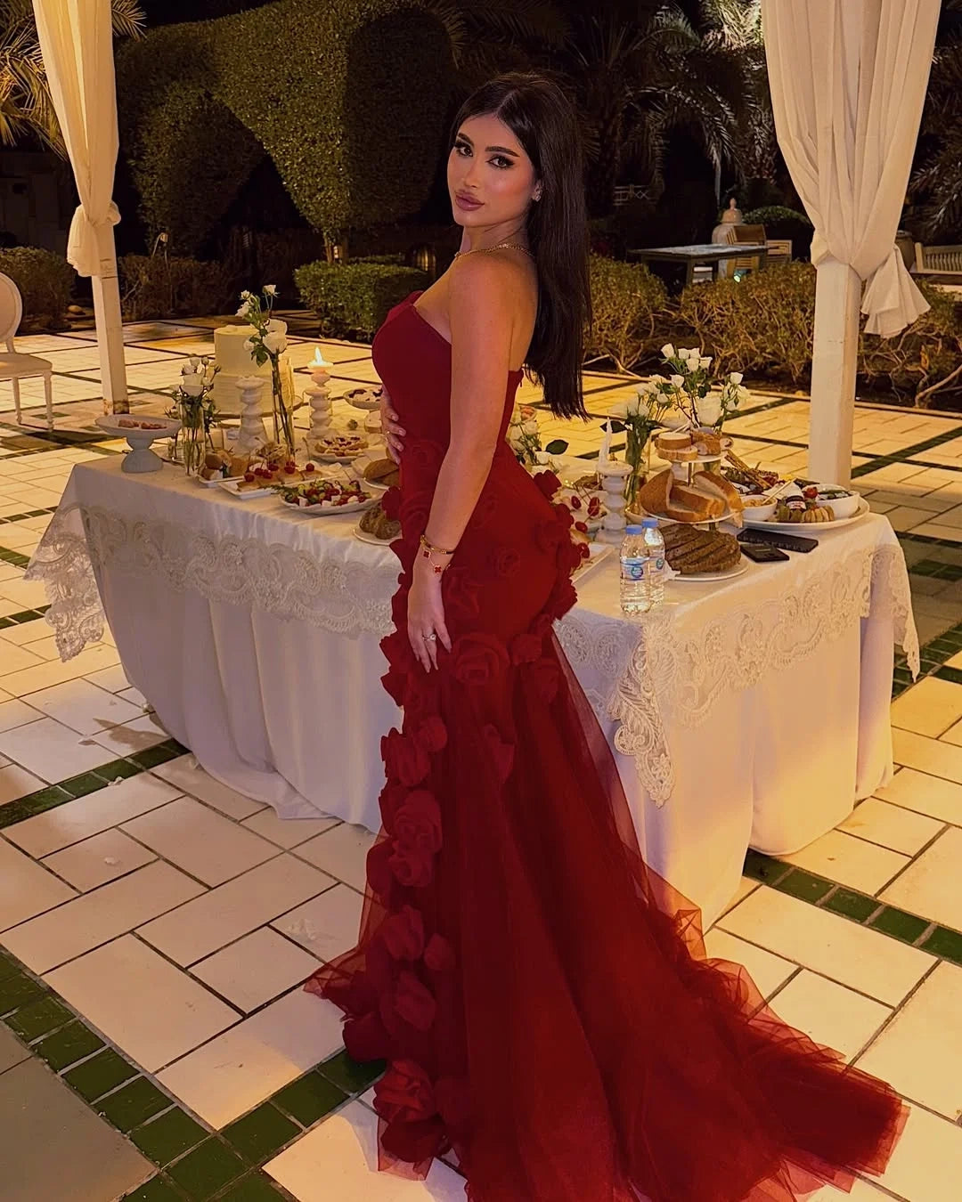 Romantic Mermaid Strapless 3D Rose Red Train Party Dress