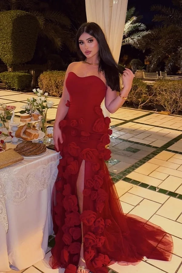 Romantic Mermaid Strapless 3D Rose Red Train Party Dress