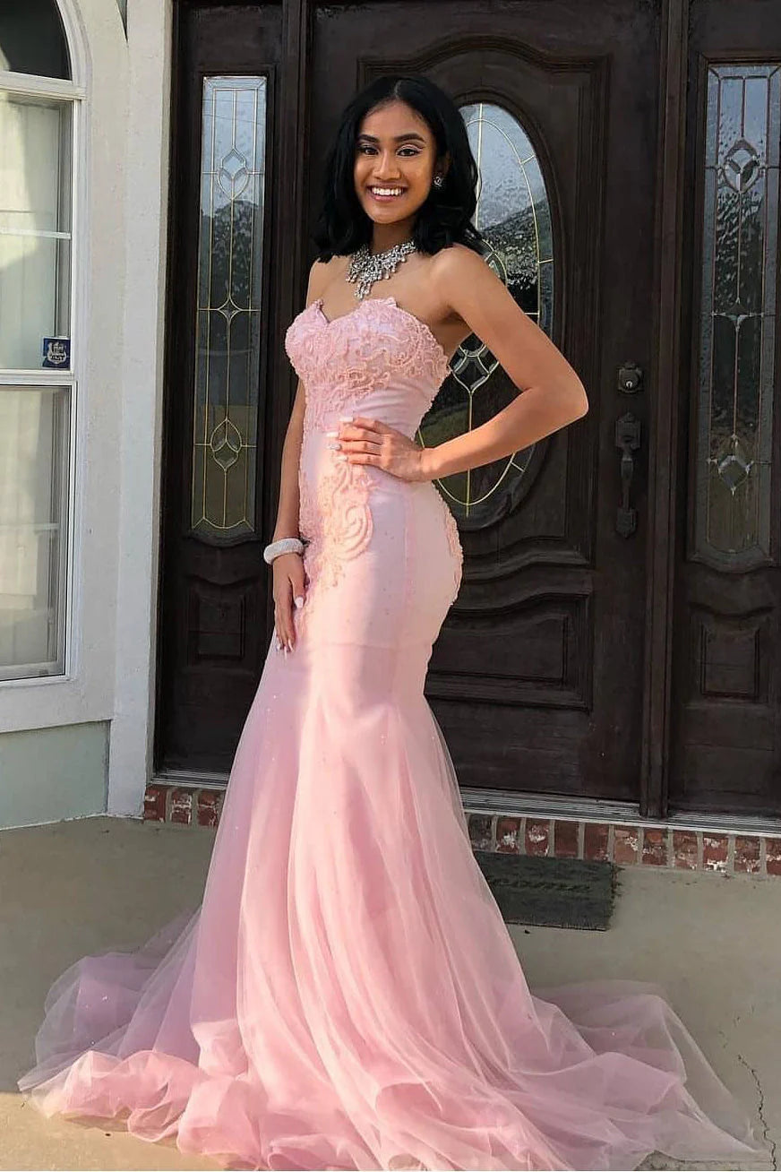 Romantic Mermaid Strapless Lace Pink Floor-Length Prom Dress