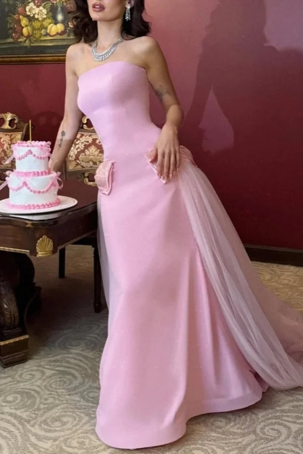 Romantic Mermaid Strapless Sleeveless Bow Pink Tulle Party Dress
