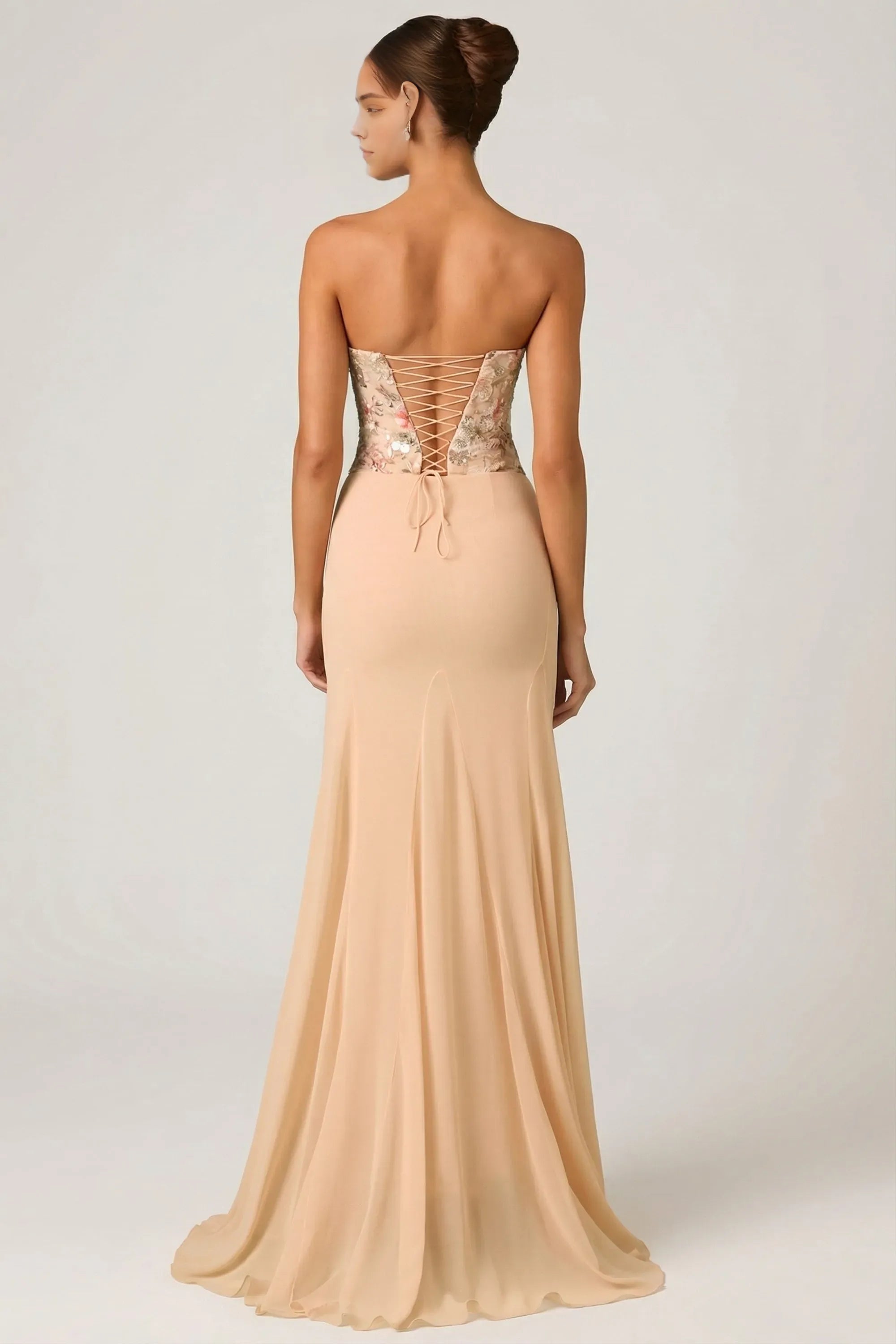 Romantic Mermaid Strapless Sleeveless Floral Embellished Lace Up Back Floor Length Prom Dresses