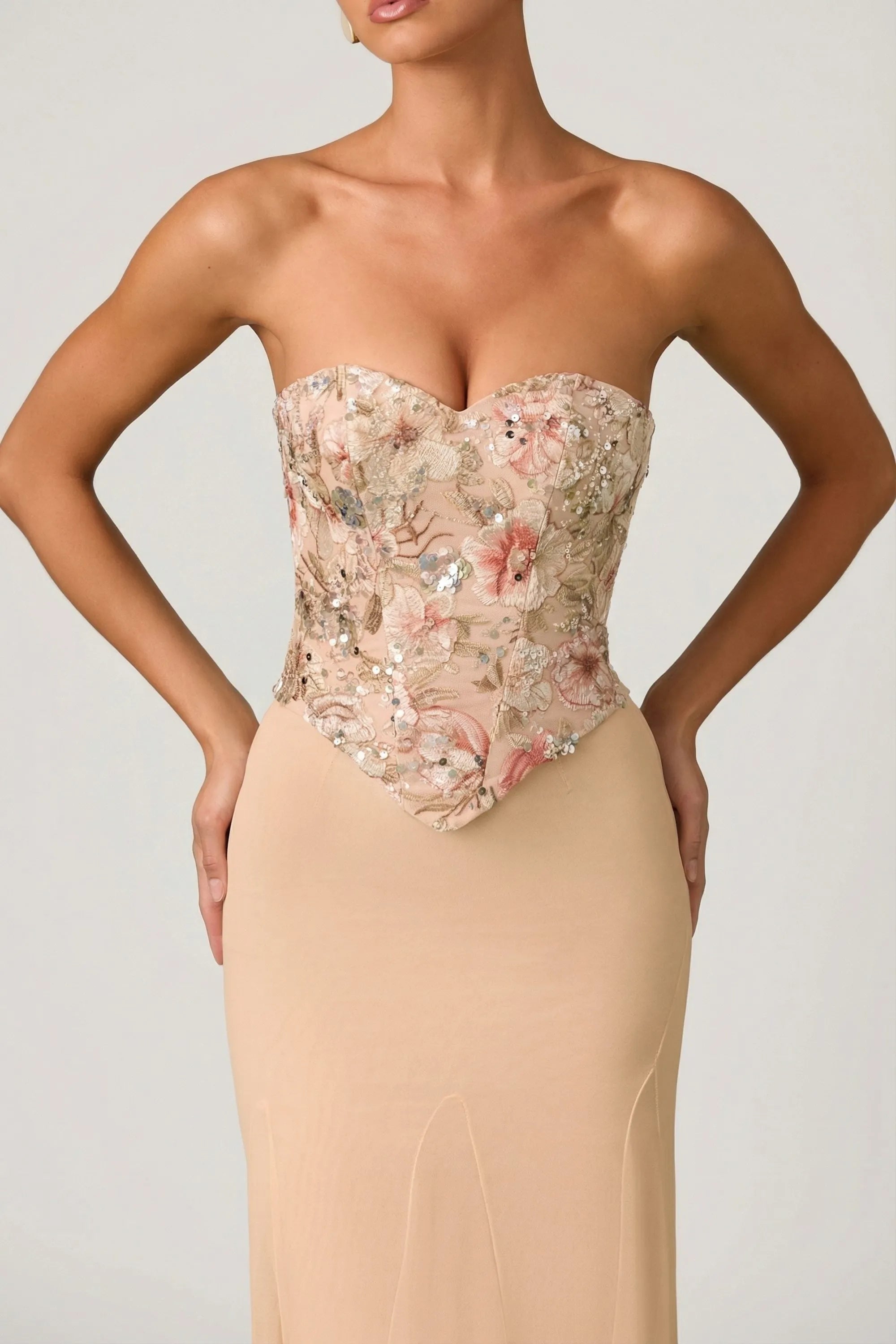 Romantic Mermaid Strapless Sleeveless Floral Embellished Lace Up Back Floor Length Prom Dresses