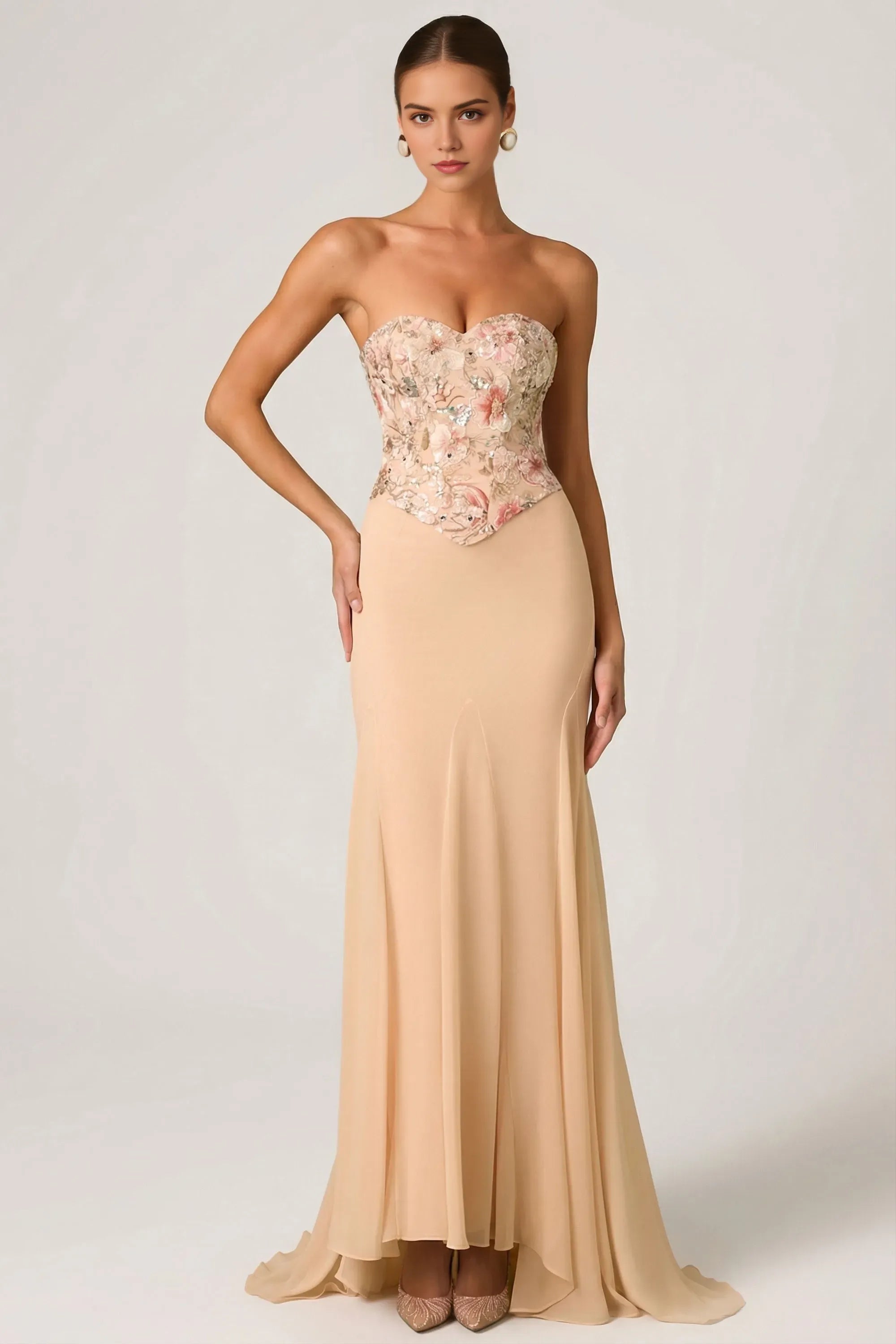 Romantic Mermaid Strapless Sleeveless Floral Embellished Lace Up Back Floor Length Prom Dresses