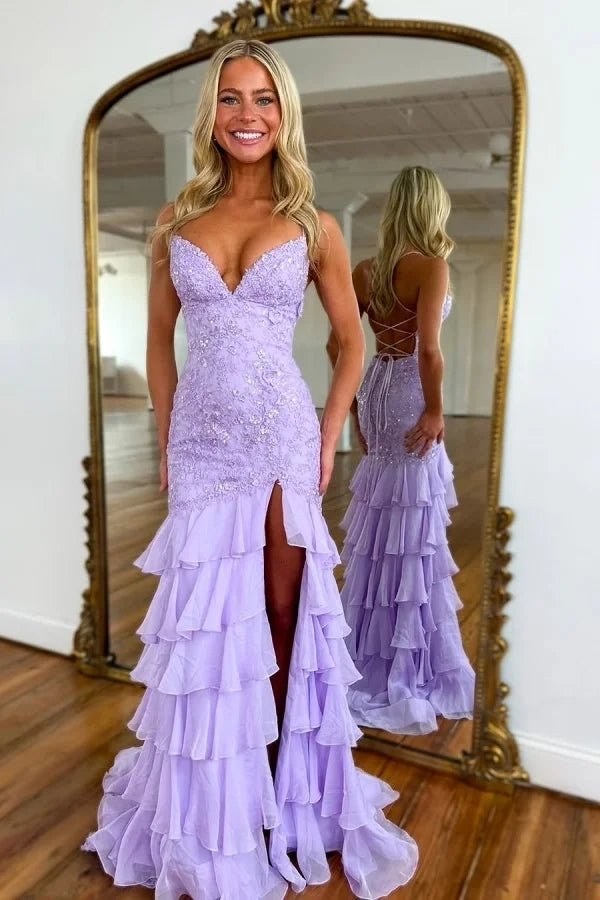 Romantic Mermaid Sweetheart Spaghetti Strap Lavender Ruffled Maxi Prom Dress