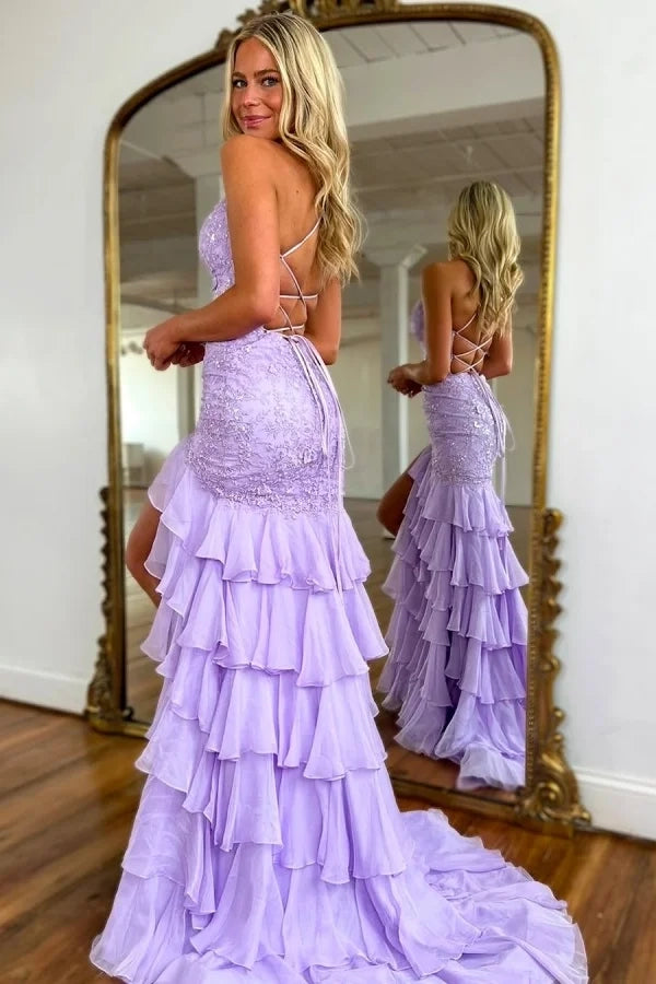 Romantic Mermaid Sweetheart Spaghetti Strap Lavender Ruffled Maxi Prom Dress