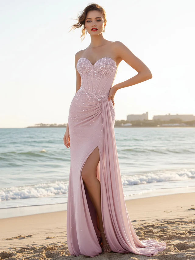 Romantic Mermaid Sweetheart Strapless Lace-Up-Back Beading Ruched Floor-Length Prom Dresses