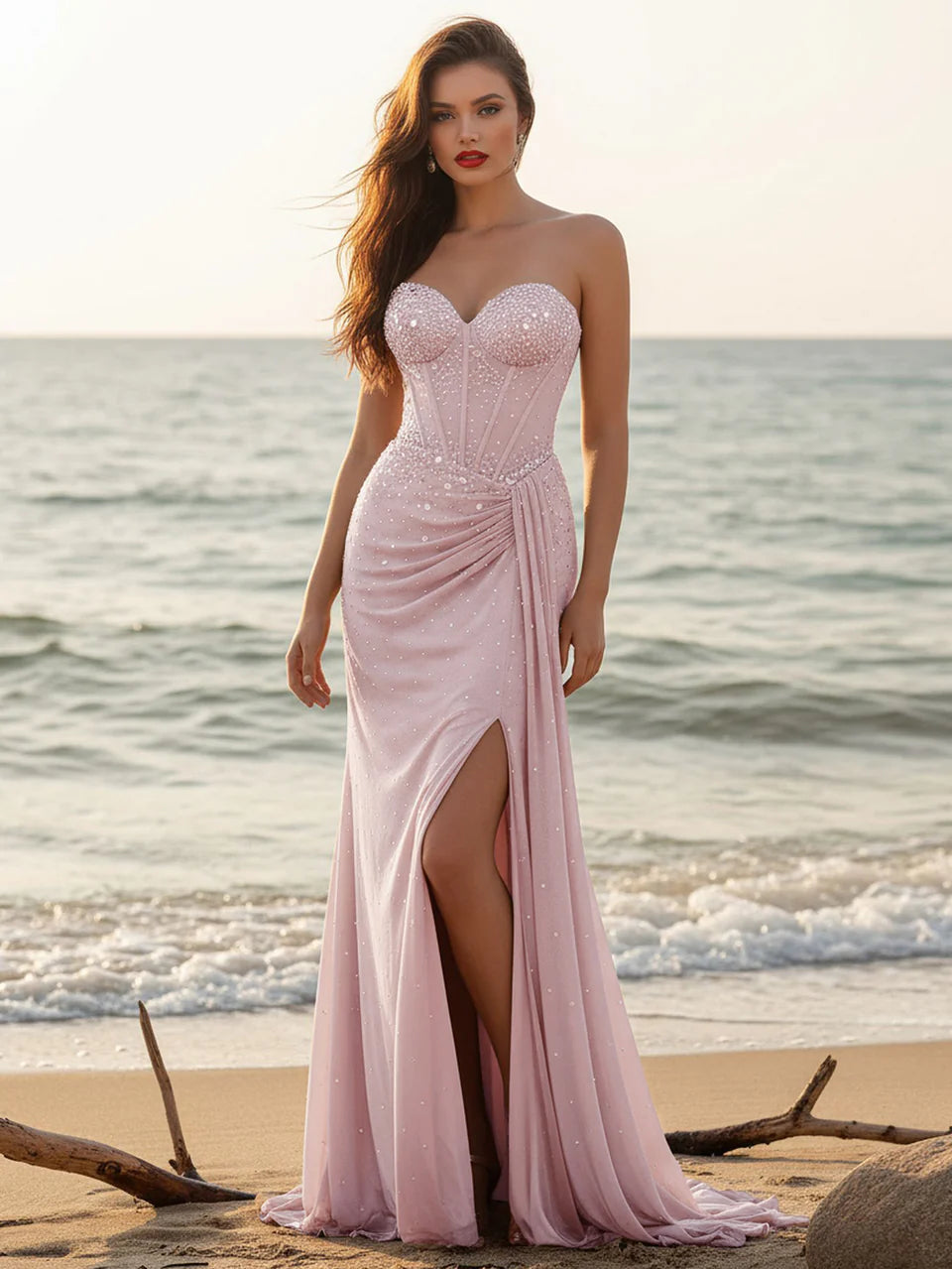 Romantic Mermaid Sweetheart Strapless Lace-Up-Back Beading Ruched Floor-Length Prom Dresses