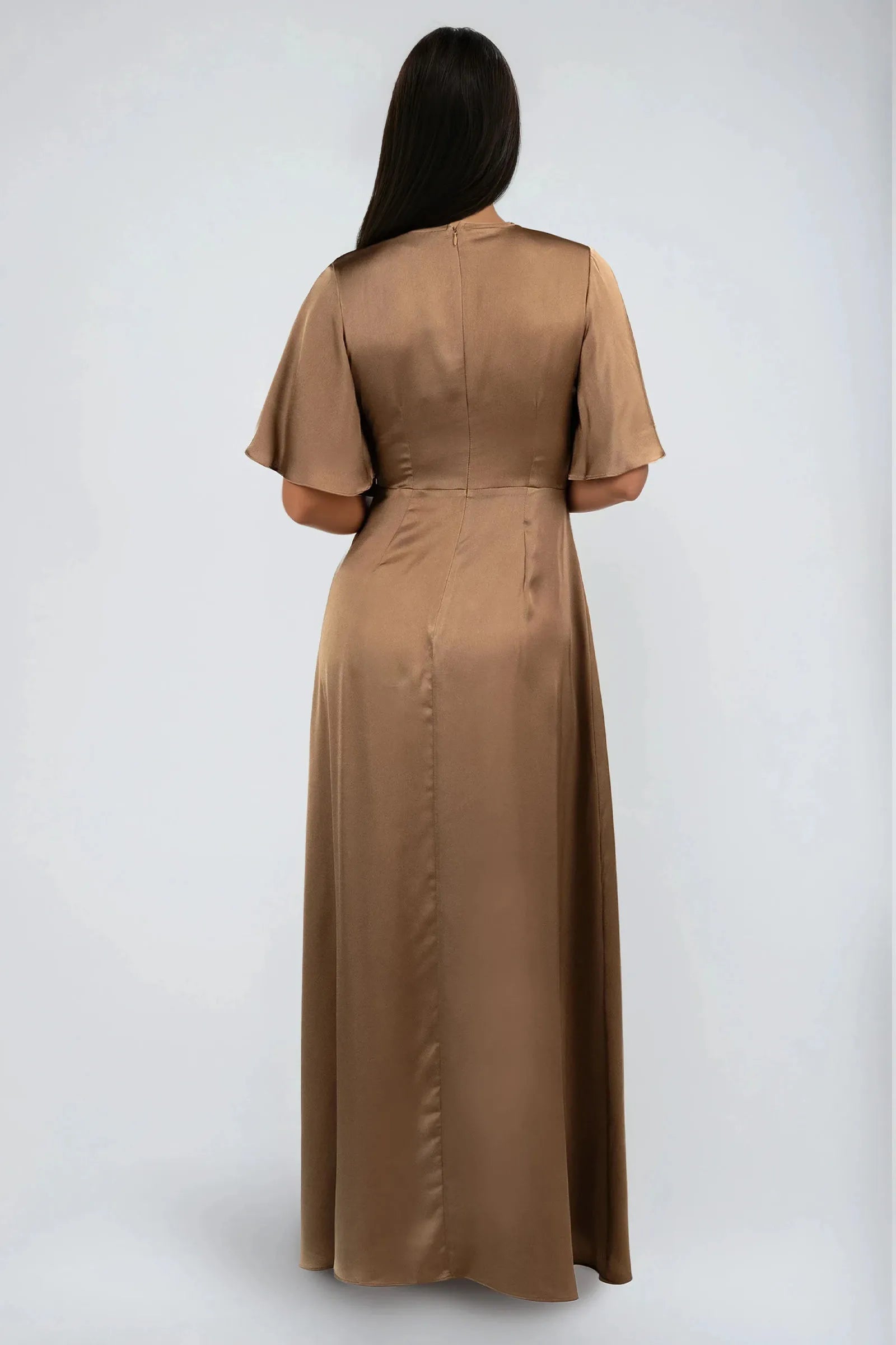 Romantic Mocha A-Line Plunging V-Neck Flutter Sleeve Knot-Waist Satin Back Zip High-Low Prom Dresses Hot Sale
