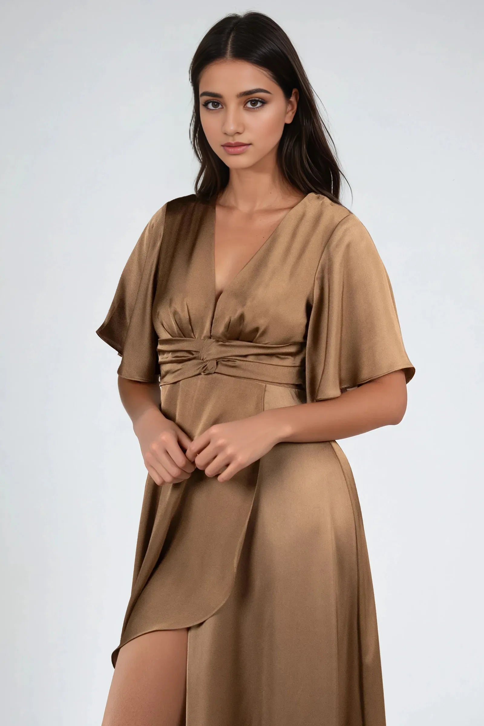 Romantic Mocha A-Line Plunging V-Neck Flutter Sleeve Knot-Waist Satin Back Zip High-Low Prom Dresses Hot Sale