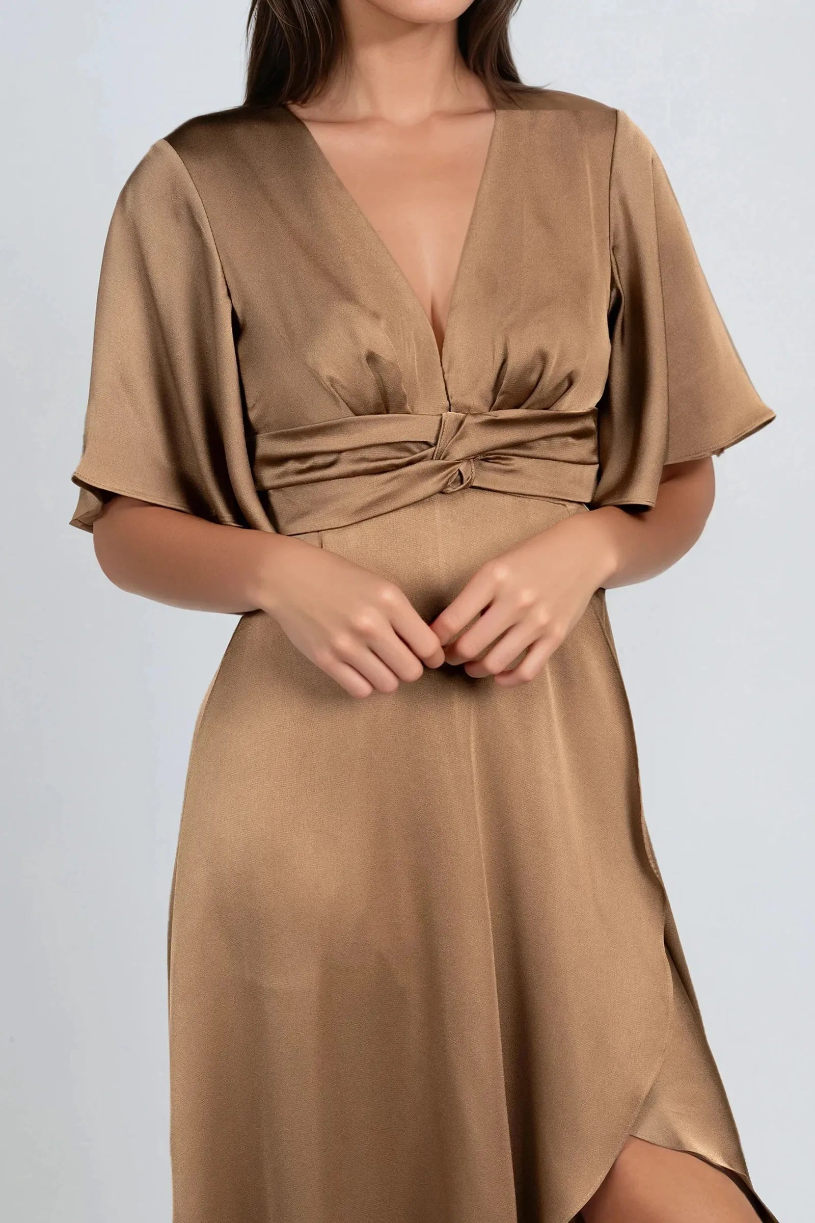 Romantic Mocha A-Line Plunging V-Neck Flutter Sleeve Knot-Waist Satin Back Zip High-Low Prom Dresses Hot Sale