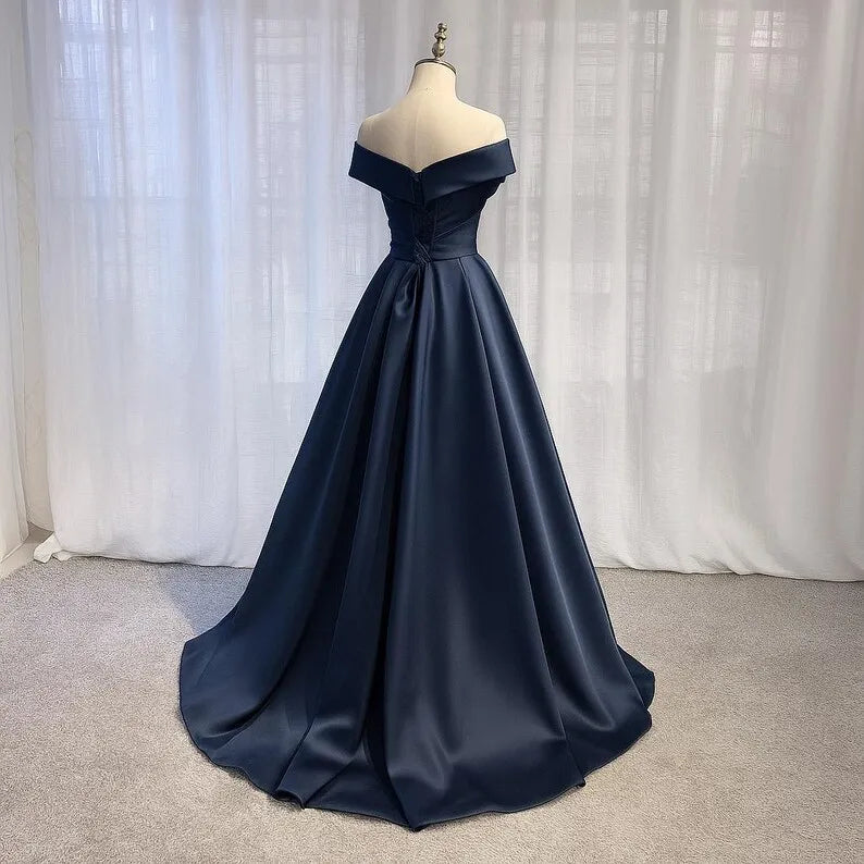 Romantic Navy Blue A-Line Off-Shoulder Sleeveless Satin Lace-Up Back Floor-Length Prom Dress