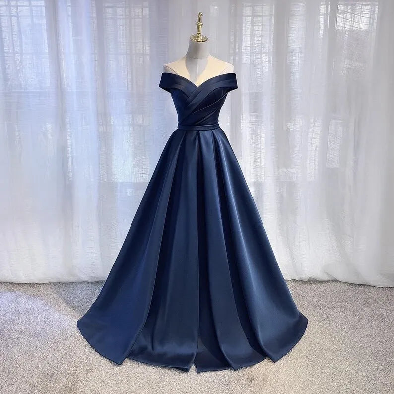Romantic Navy Blue A-Line Off-Shoulder Sleeveless Satin Lace-Up Back Floor-Length Prom Dress