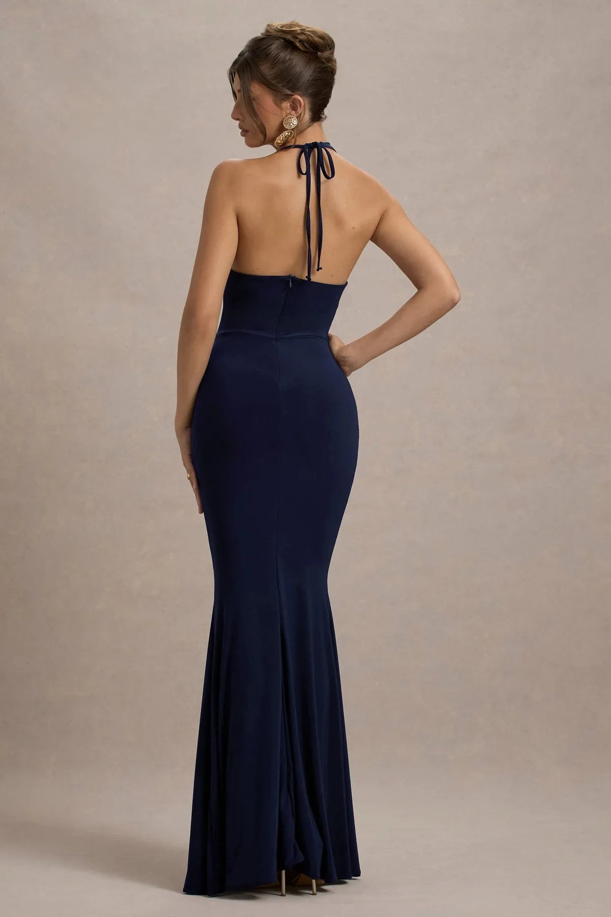 Romantic Navy Blue Prom Dresses  Halter Neck Deep V Front  Floral - Embellished Ruffled Slit for Timeless Prom Allure