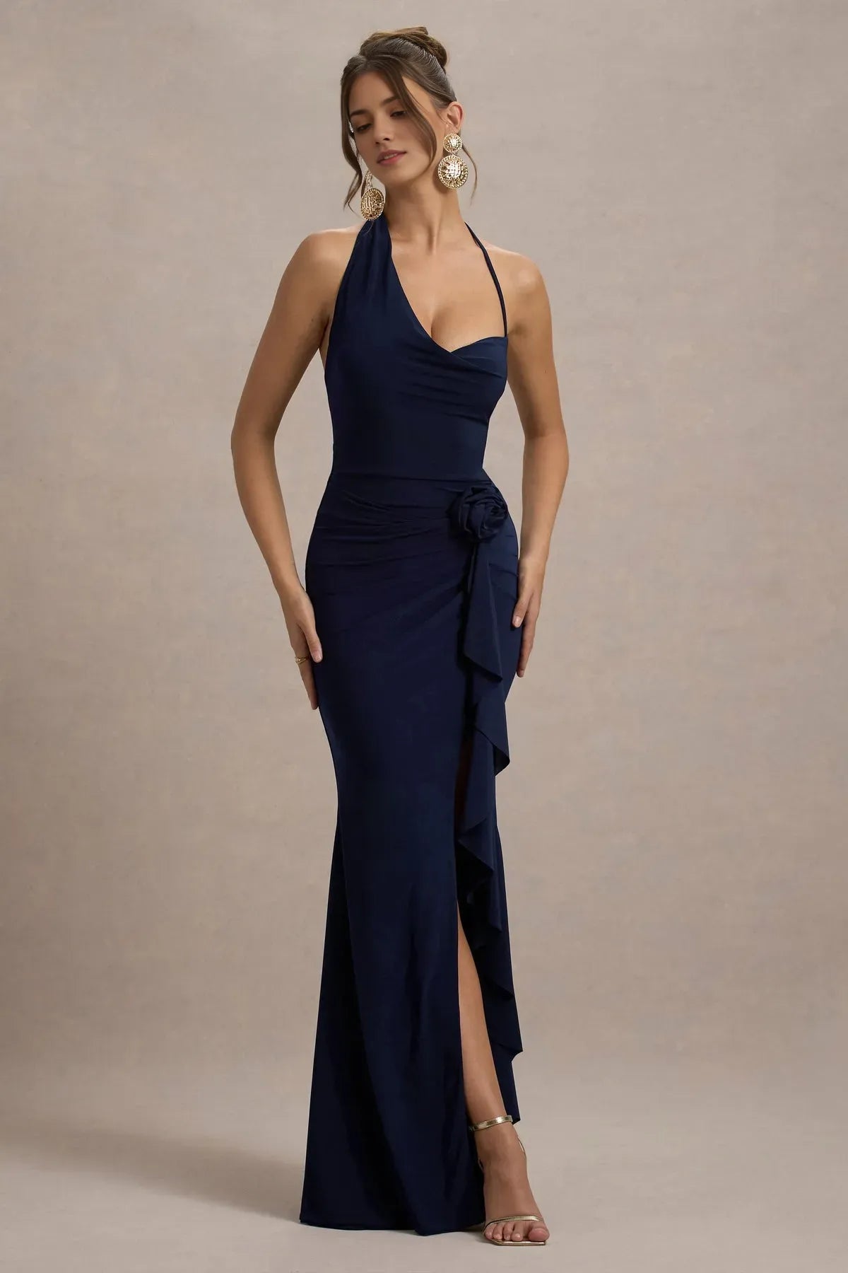 Romantic Navy Blue Prom Dresses  Halter Neck Deep V Front  Floral - Embellished Ruffled Slit for Timeless Prom Allure