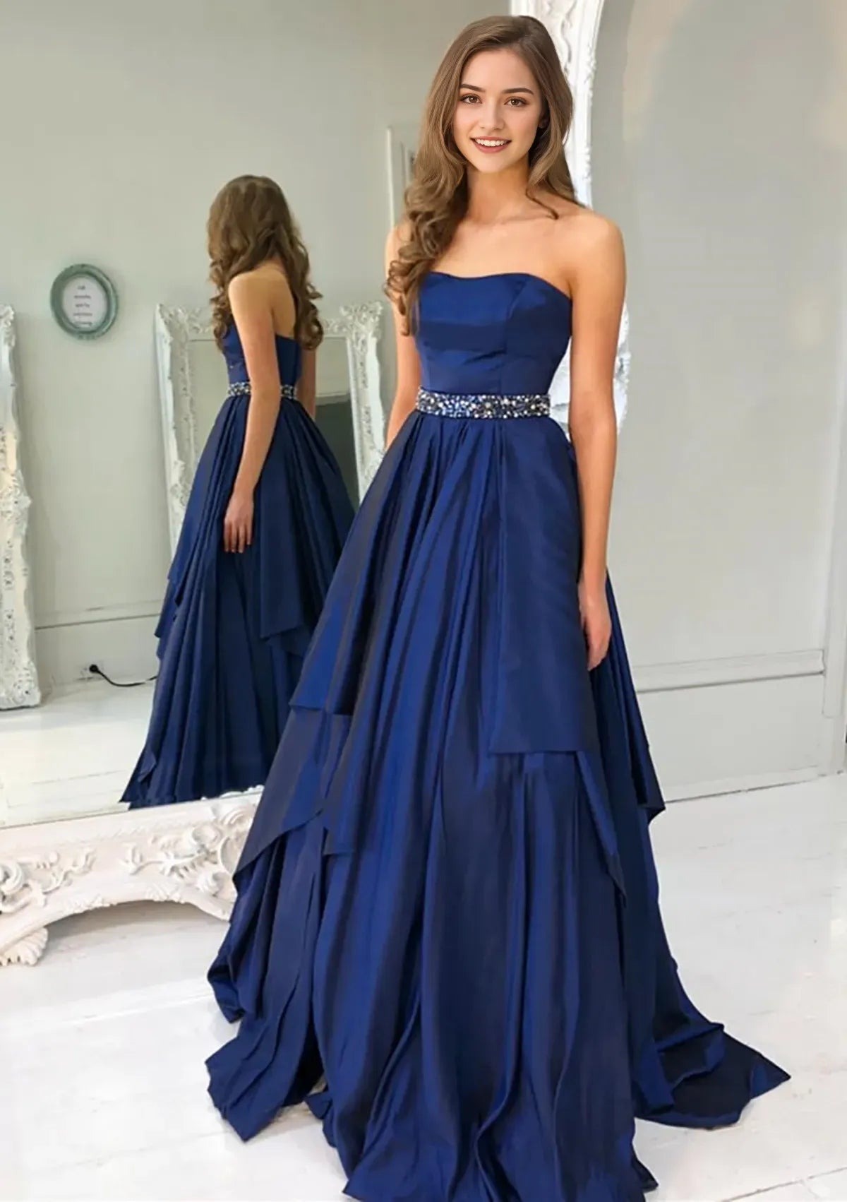 Romantic Navy Blue Strapless Prom Dresses with Rhinestone Belt Flowy Tiered Skirt Satin Fabric Ideal for Fairytale Proms