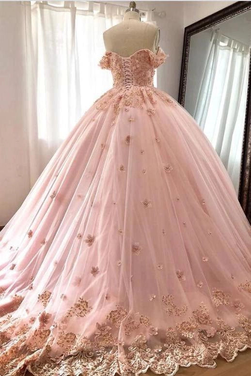 Romantic Off-the-Shoulder Lace Pink Floor-Length Wedding Dress