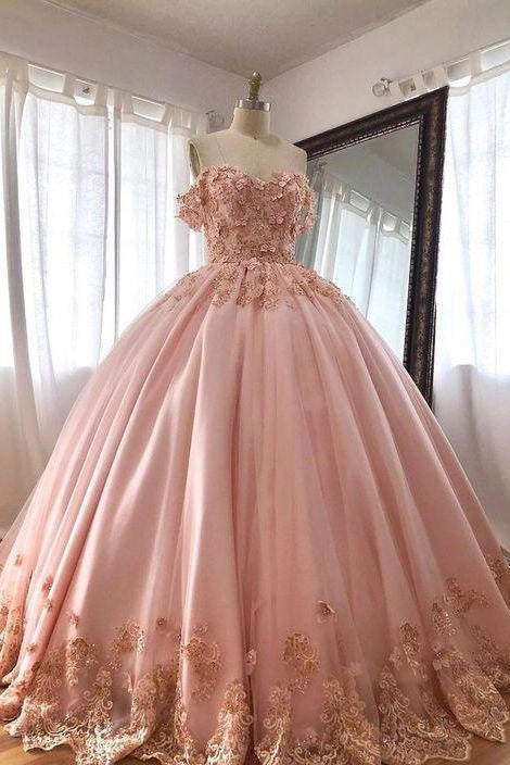 Romantic Off-the-Shoulder Lace Pink Floor-Length Wedding Dress