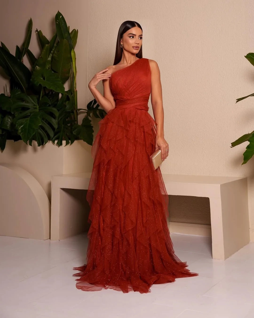 Romantic One-Shoulder Sleeveless Tiered Rust Evening Dress