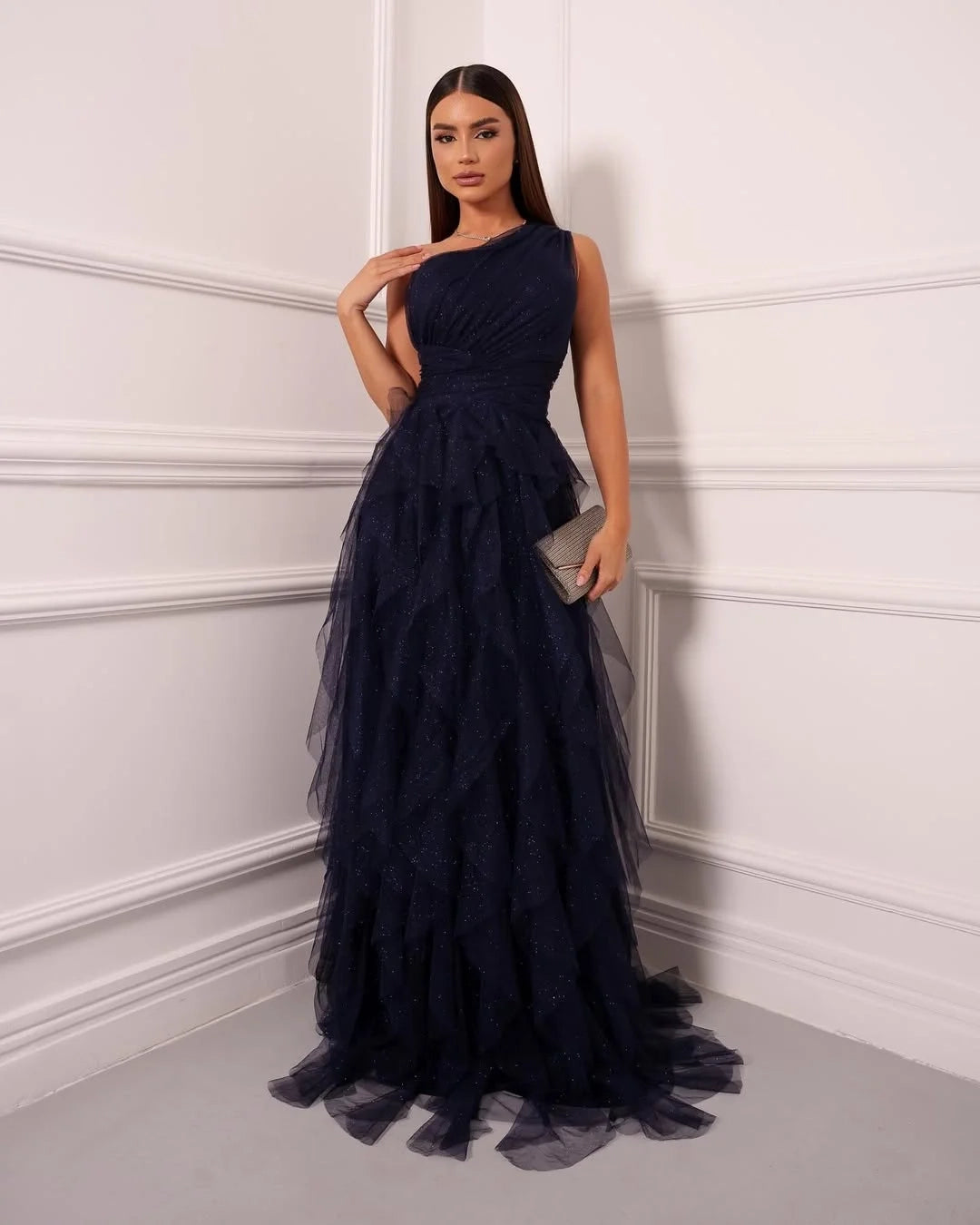 Romantic One-Shoulder Sleeveless Tiered Rust Evening Dress