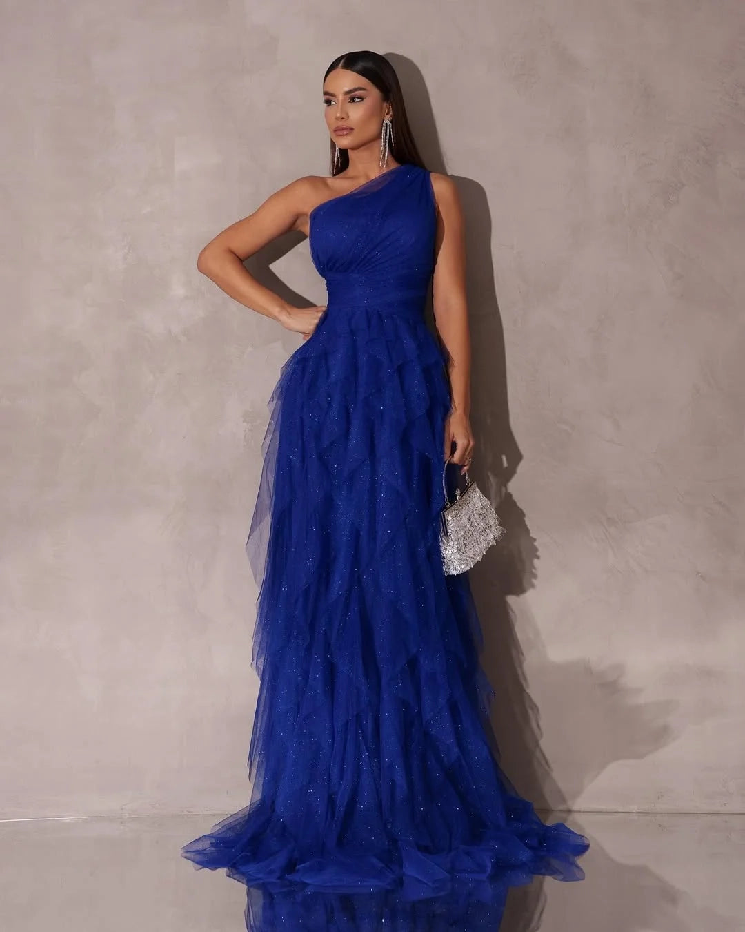 Romantic One-Shoulder Sleeveless Tiered Rust Evening Dress