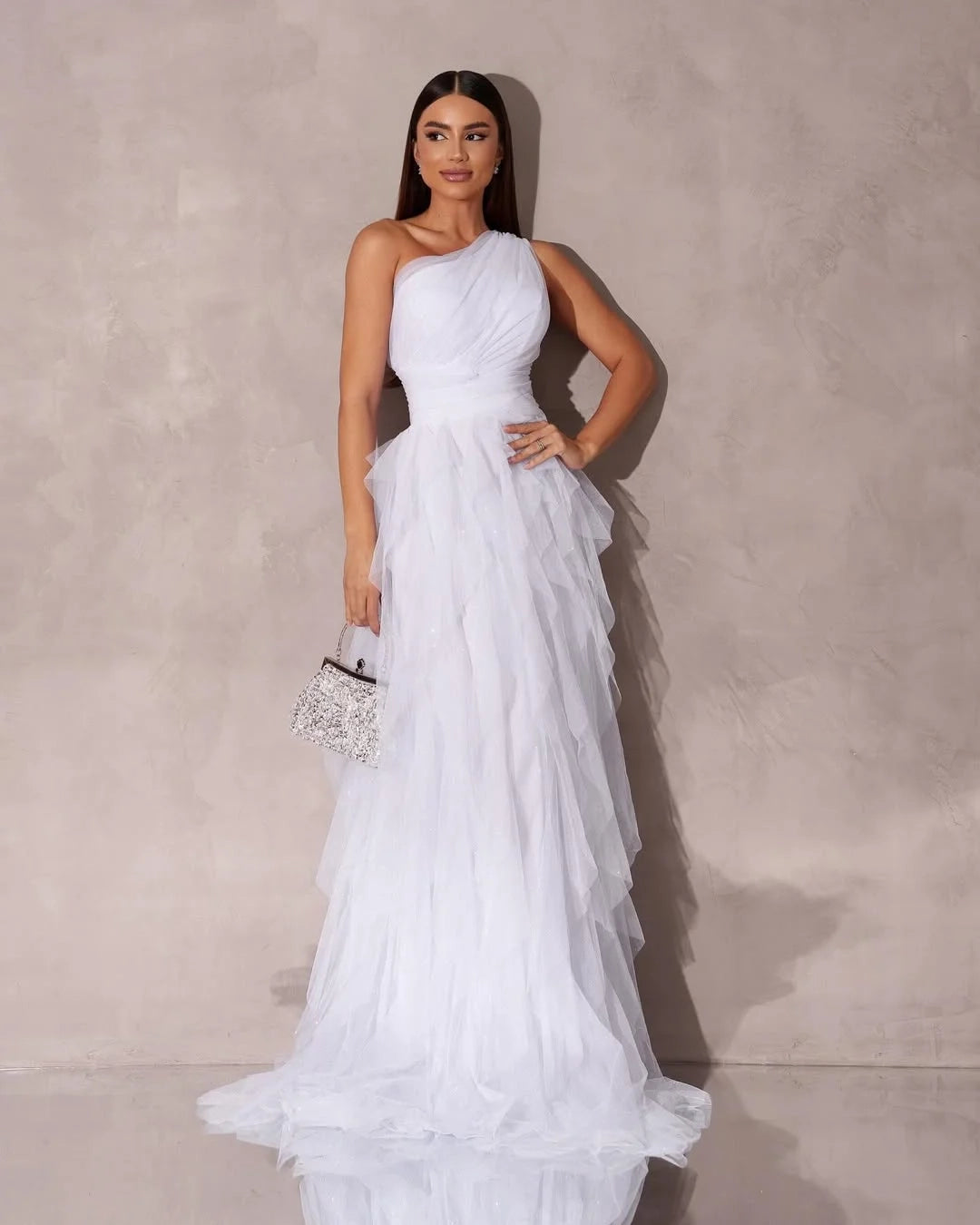 Romantic One-Shoulder Sleeveless Tiered Rust Evening Dress