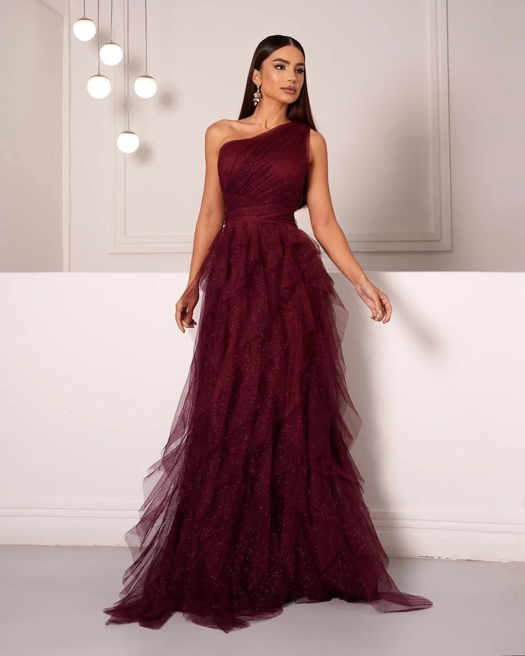 Romantic One-Shoulder Sleeveless Tiered Rust Evening Dress