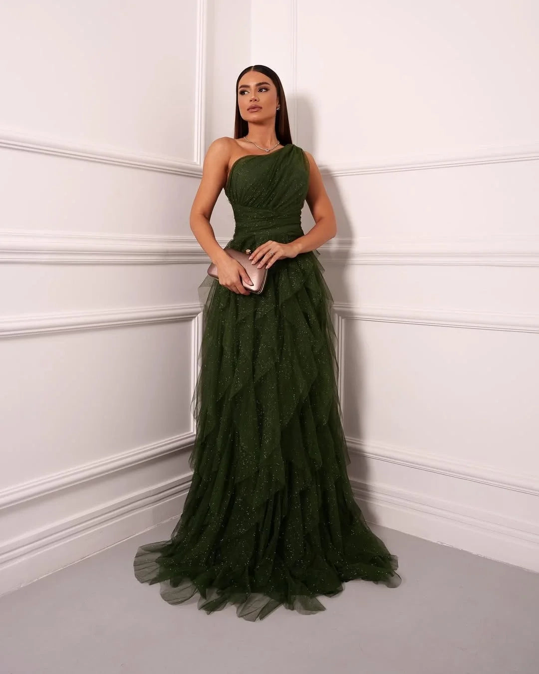 Romantic One-Shoulder Sleeveless Tiered Rust Evening Dress