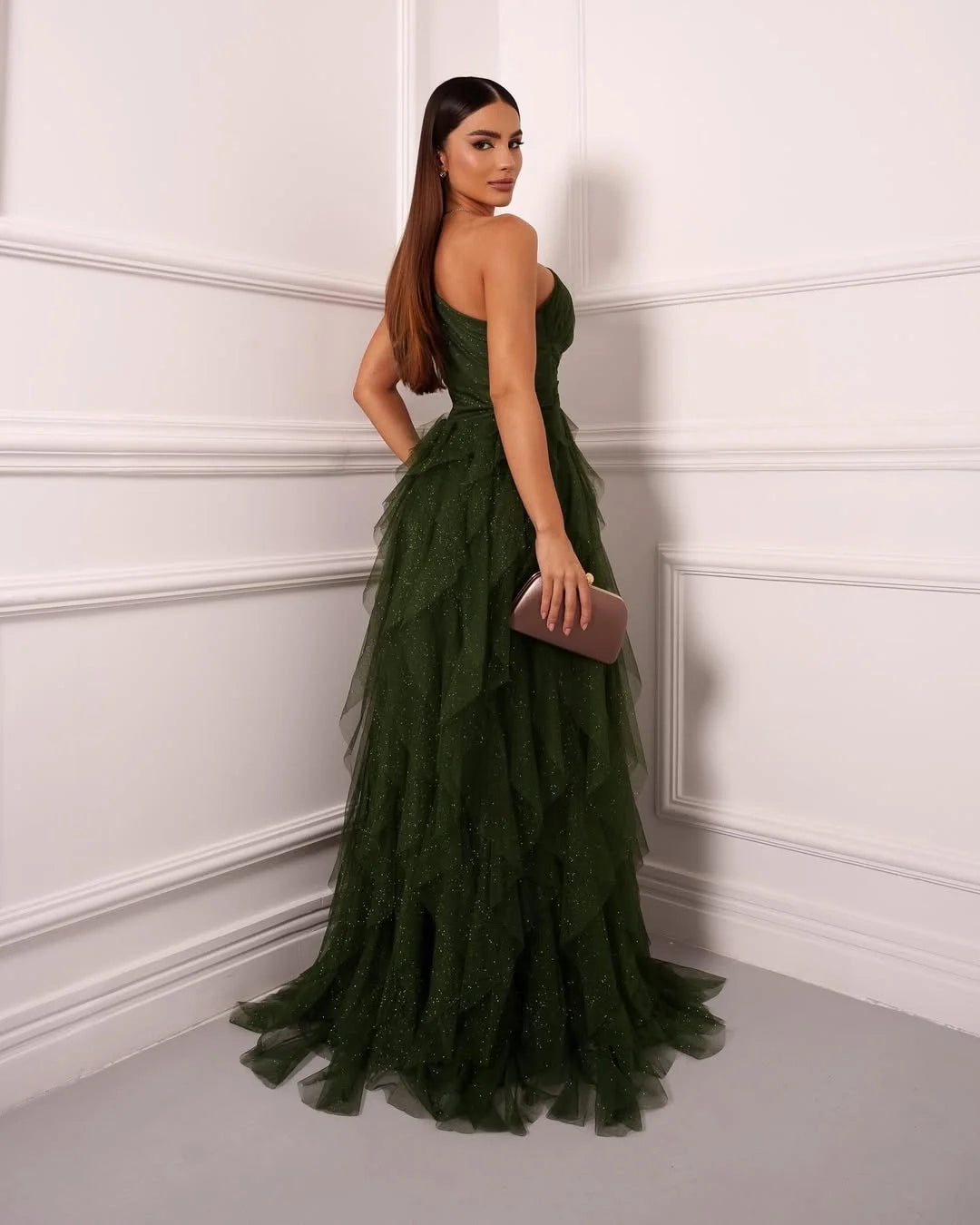 Romantic One-Shoulder Sleeveless Tiered Rust Evening Dress