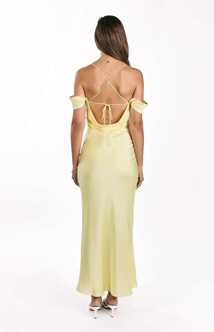 Romantic Pale Yellow Satin Prom Dress Off Shoulder Spaghetti Straps Cowl Neck Flowy Maxi Design for a Sweet Appeal