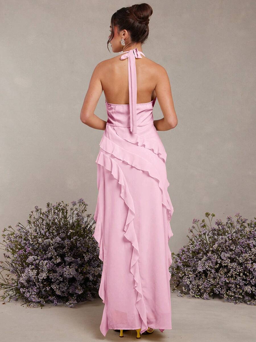 Romantic Pink A-Line Halter-Neck Sleeveless Tie-Back Floor-Length Prom Dresses with Slit