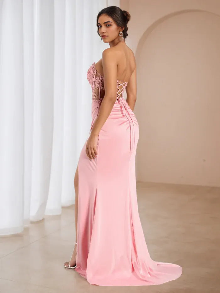 Romantic Pink Ball Gown Strapless Lace Bodice Ruched Skirt High Slit for Glamorous Proms