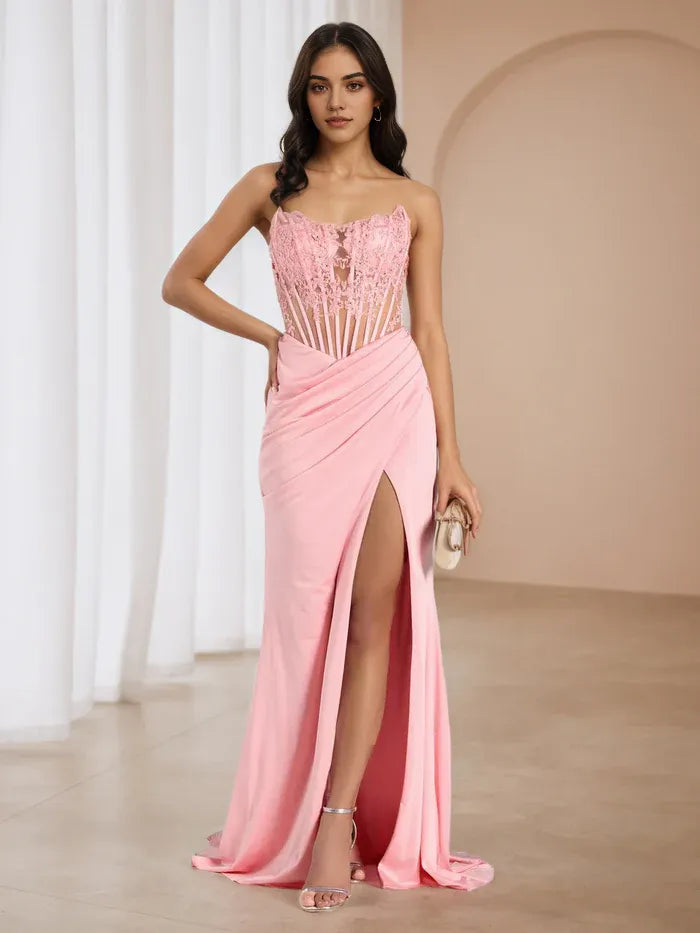 Romantic Pink Ball Gown Strapless Lace Bodice Ruched Skirt High Slit for Glamorous Proms
