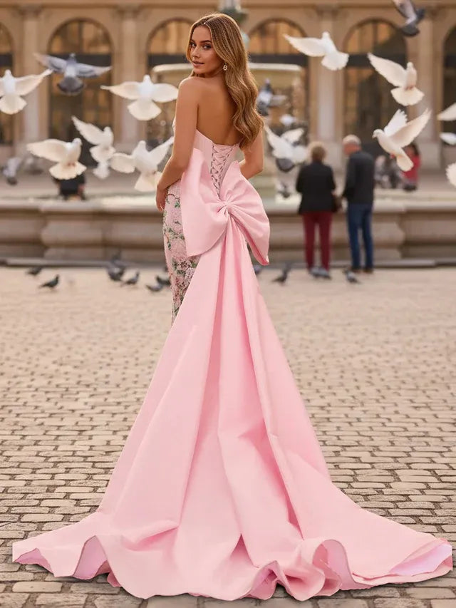 Romantic Pink Mermaid Strapless Sleeveless Big Bow Lace-Up-Back Beading  Prom Dresses With Drop Train