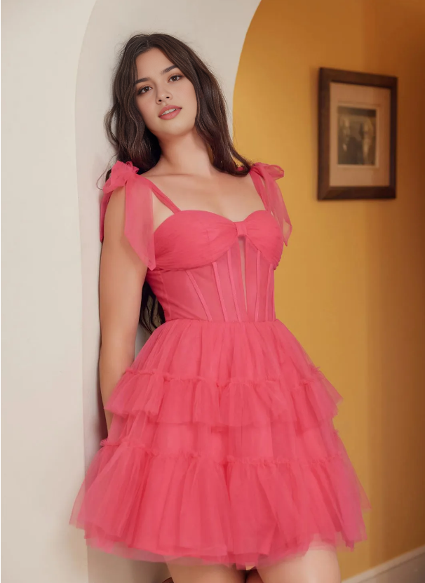 Romantic Pink Tulle Homecoming Dress with Bow  Tied Straps Sweetheart Neckline Tiered Ruffle Skirt for Prom Nights