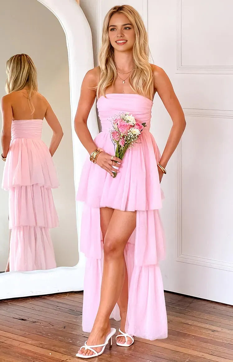 Romantic Pink Tulle Prom Dress Strapless High Low Hem Ruffled Skirt for a Dreamy Feminine Look