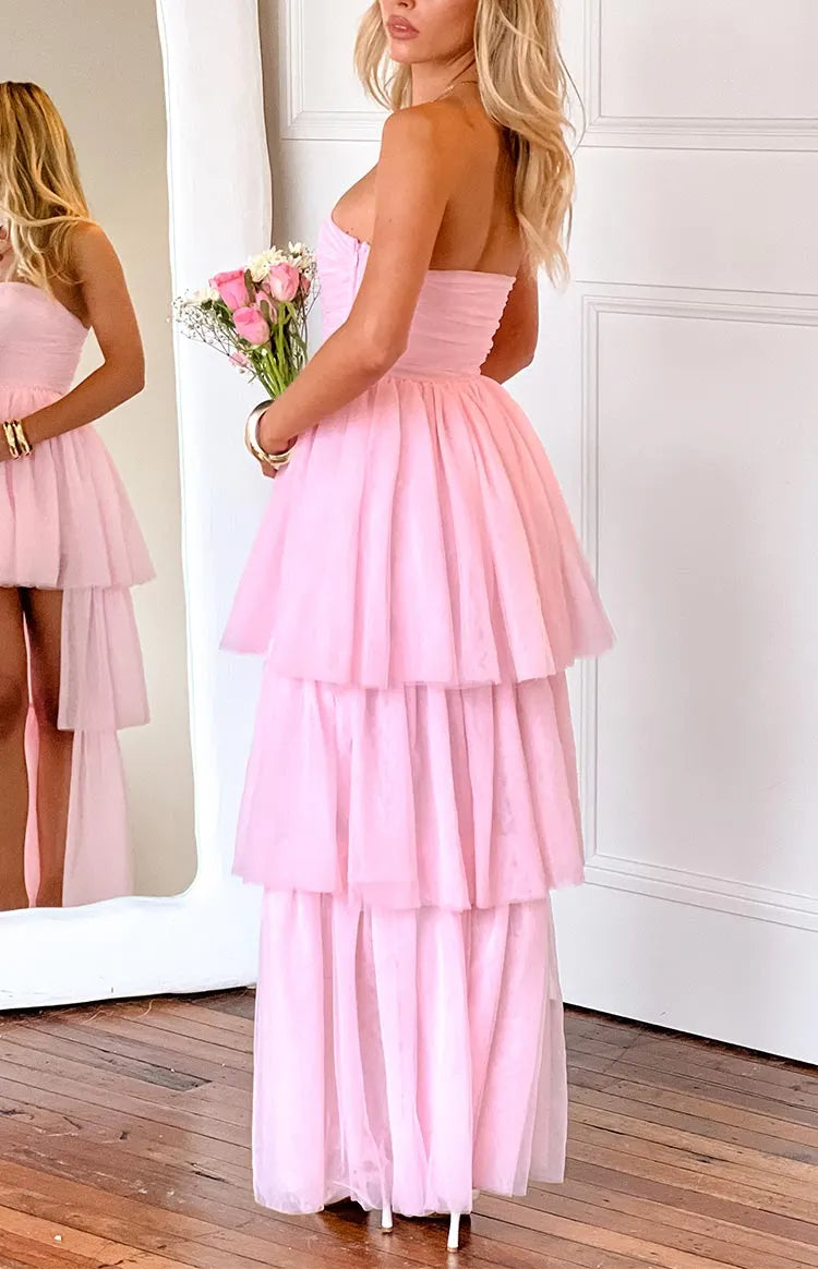 Romantic Pink Tulle Prom Dress Strapless High Low Hem Ruffled Skirt for a Dreamy Feminine Look