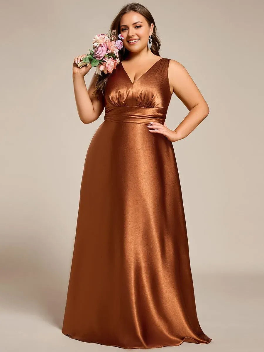 Romantic Plus-Size A-Line Deep-V-Neck Sleeveless Ruched V back Satin Floor-Length Prom Dresses