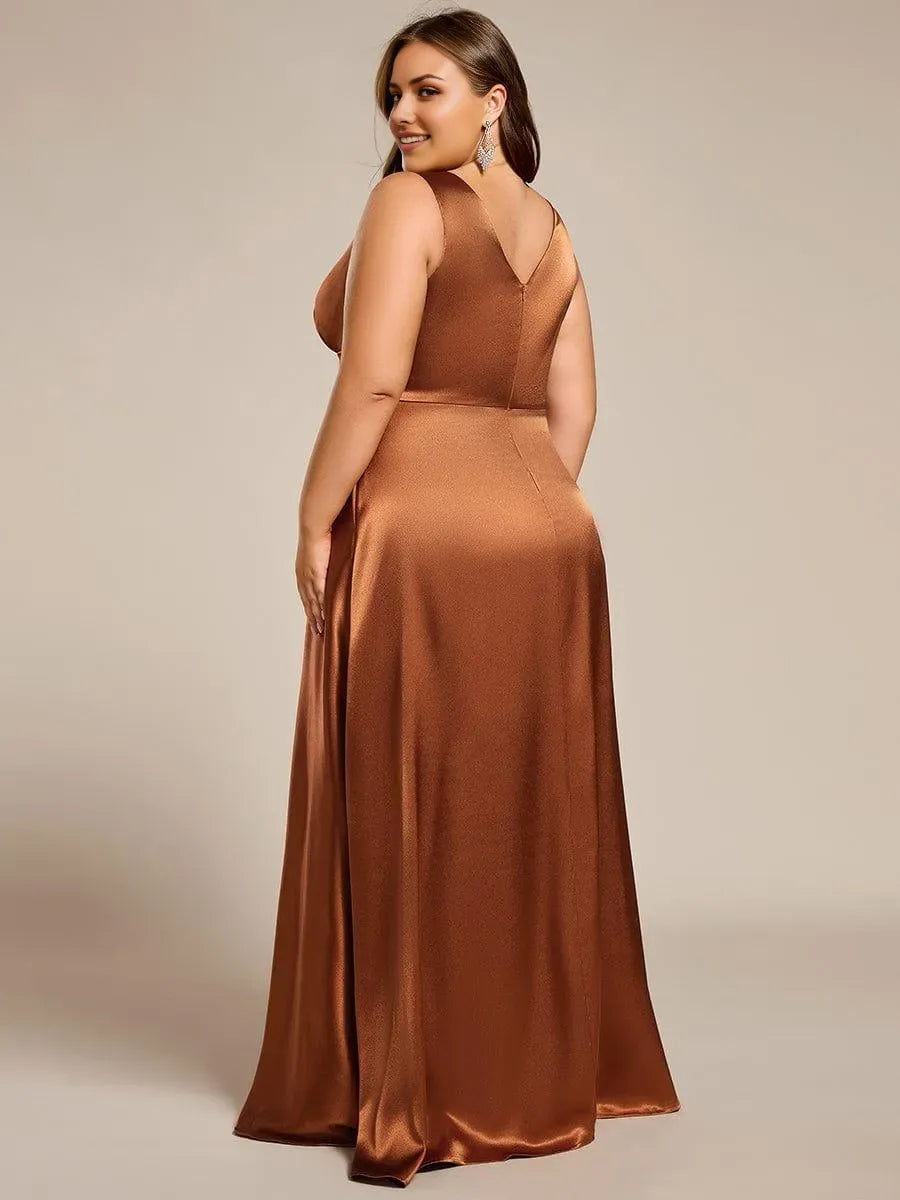 Romantic Plus-Size A-Line Deep-V-Neck Sleeveless Ruched V back Satin Floor-Length Prom Dresses