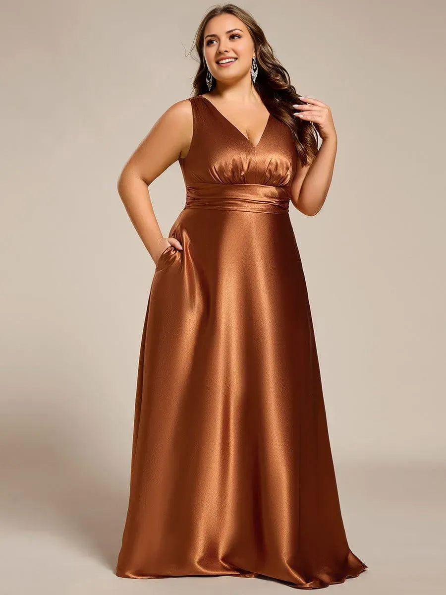 Romantic Plus-Size A-Line Deep-V-Neck Sleeveless Ruched V back Satin Floor-Length Prom Dresses