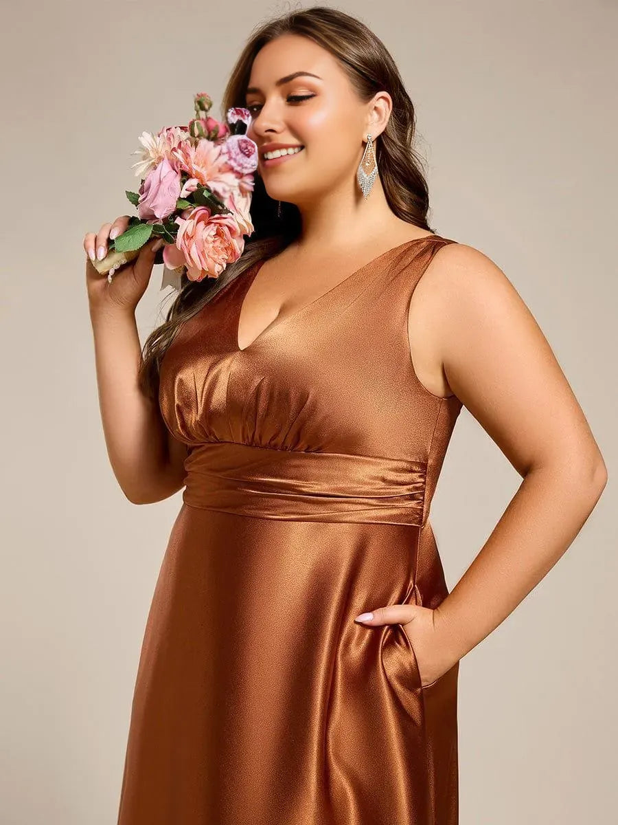 Romantic Plus-Size A-Line Deep-V-Neck Sleeveless Ruched V back Satin Floor-Length Prom Dresses