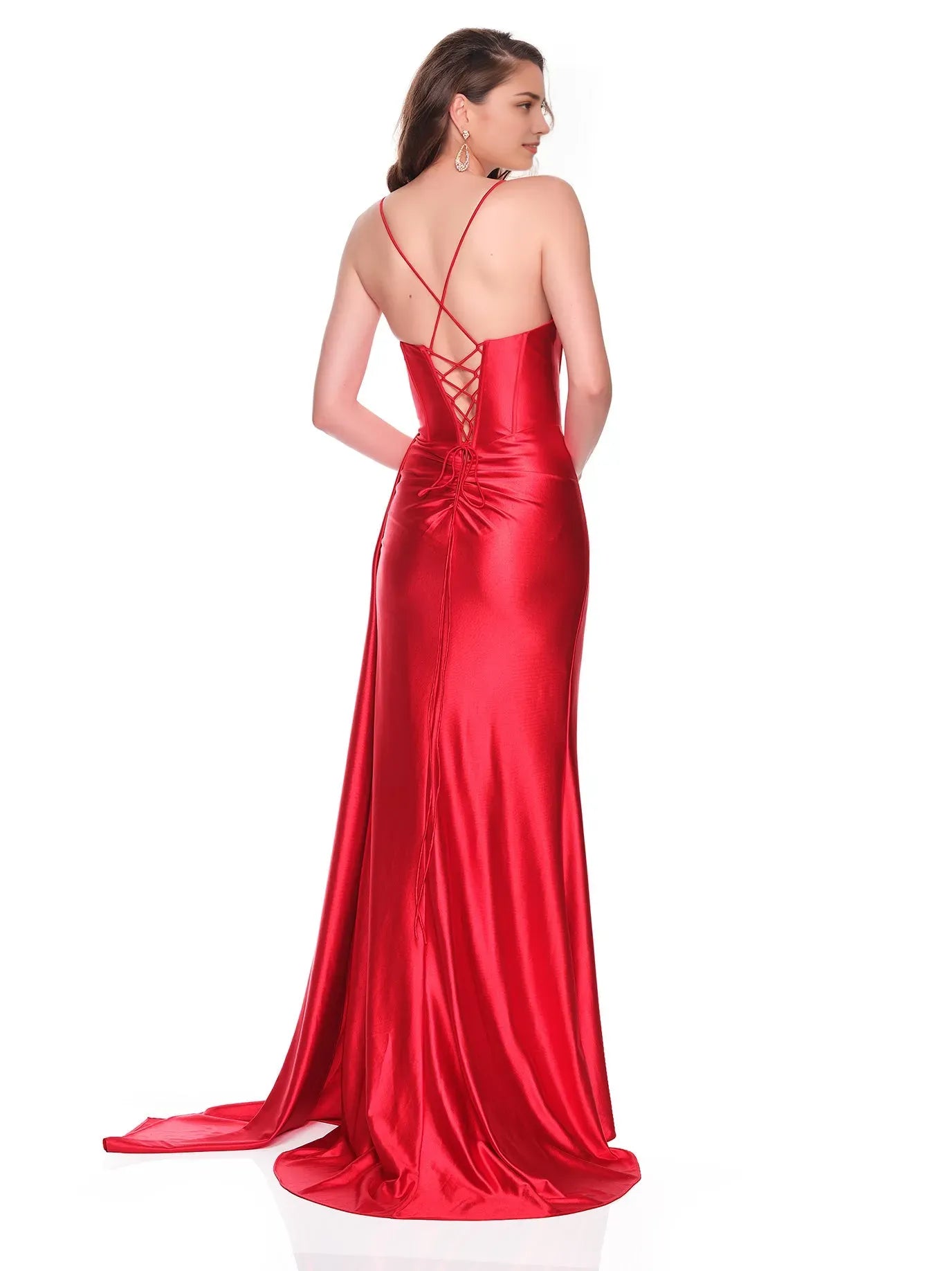 Romantic Red Mermaid Deep V-Neck Spaghetti-Strap Lace-Up Back Back Zip Floor-Length Satin Prom Dresses with High Slit