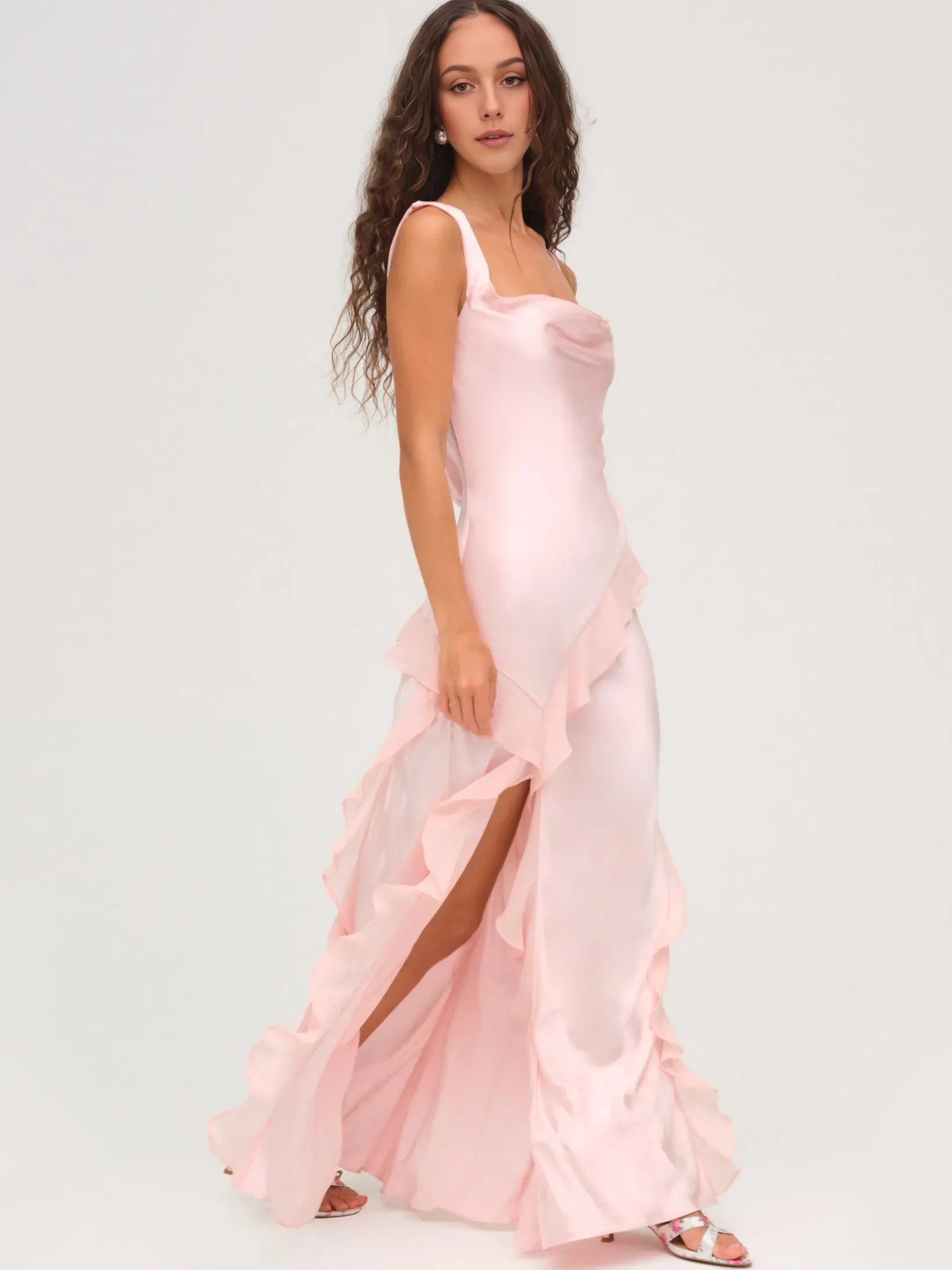 Romantic Sheath Asymmetric Neck Ruffled Sleeveless Open Back Floor Length Ruffled Slit Prom Dresses