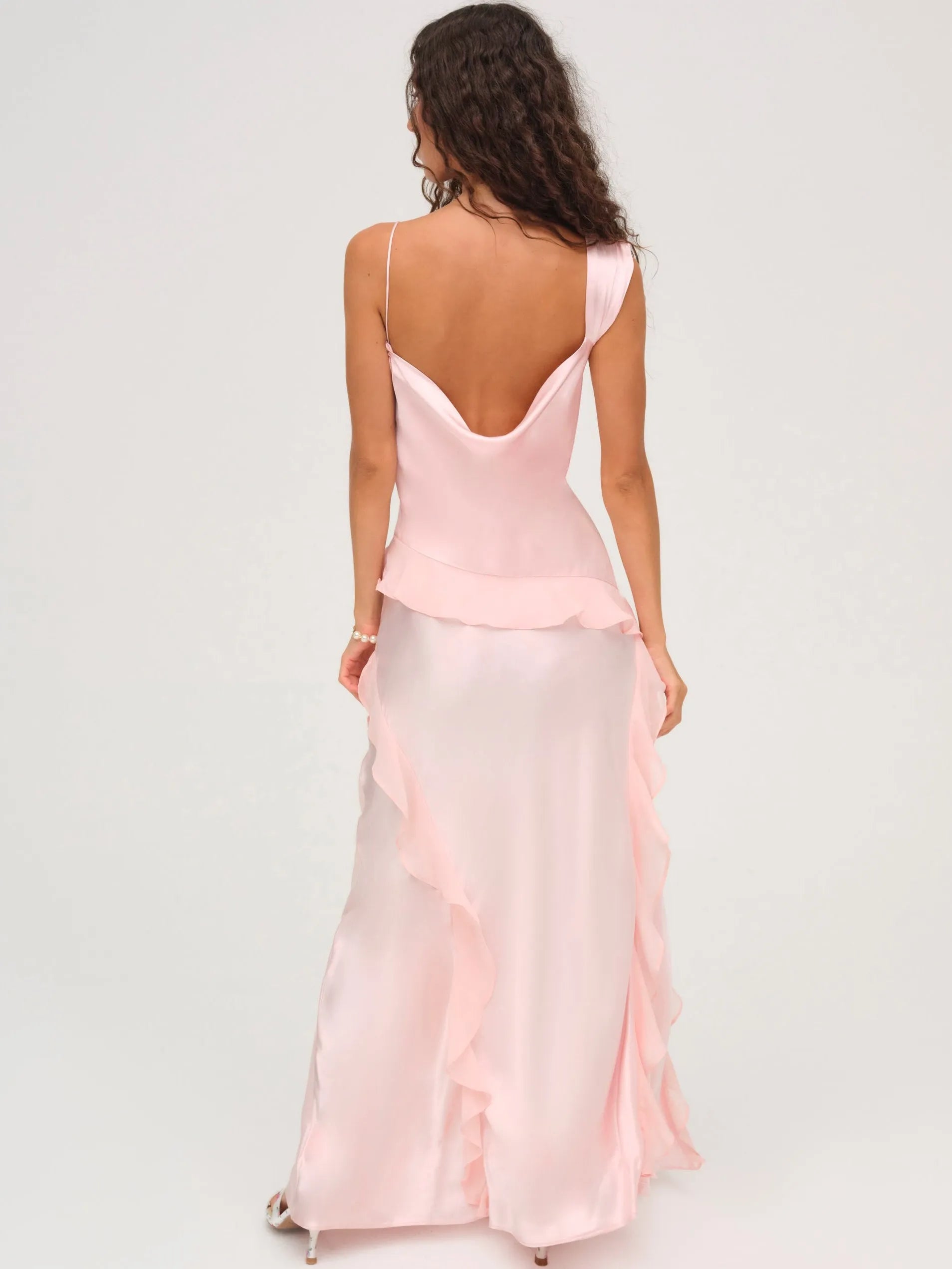 Romantic Sheath Asymmetric Neck Ruffled Sleeveless Open Back Floor Length Ruffled Slit Prom Dresses