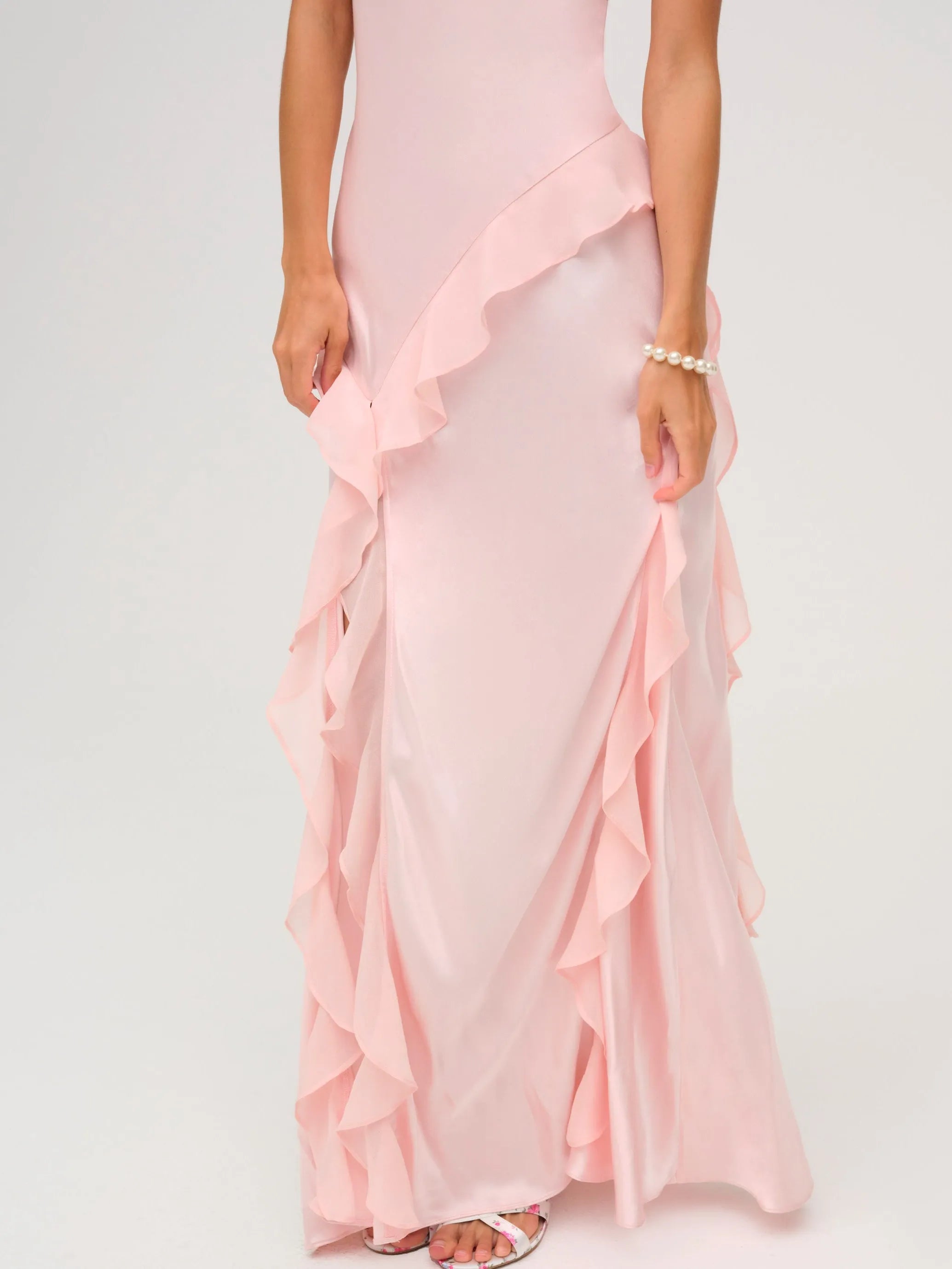Romantic Sheath Asymmetric Neck Ruffled Sleeveless Open Back Floor Length Ruffled Slit Prom Dresses