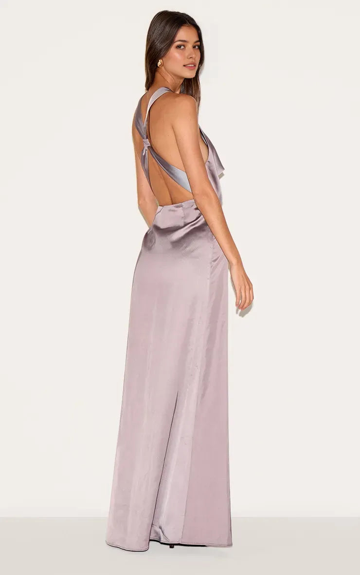 Romantic Sheath Cowl Neck Spaghetti Strap Crisscross Back Satin Floor-Length Prom Dresses for women Hot Sale