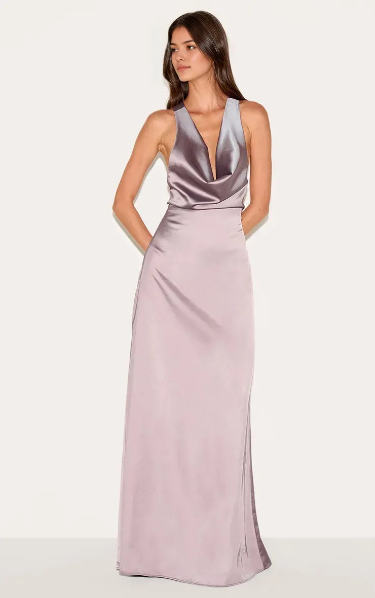 Romantic Sheath Cowl Neck Spaghetti Strap Crisscross Back Satin Floor-Length Prom Dresses for women Hot Sale
