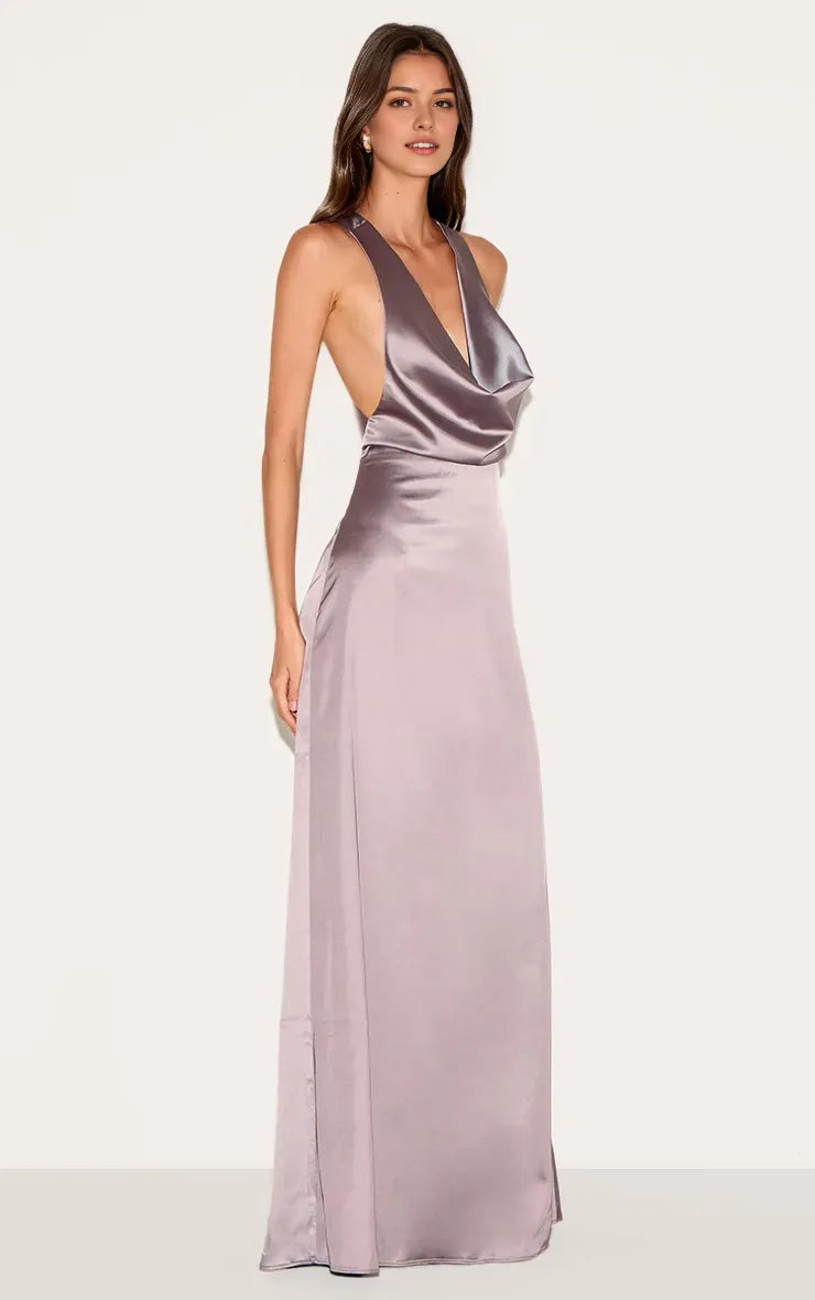 Romantic Sheath Cowl Neck Spaghetti Strap Crisscross Back Satin Floor-Length Prom Dresses for women Hot Sale