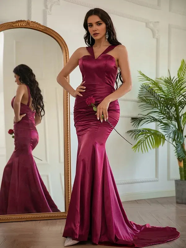 Romantic Burgundy Sheath Halter Neck Sleeveless Back Zip Sweep/Brush Train Satin Ruched Prom Dresses Hot sale