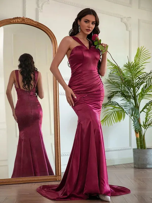 Romantic Burgundy Sheath Halter Neck Sleeveless Back Zip Sweep/Brush Train Satin Ruched Prom Dresses Hot sale
